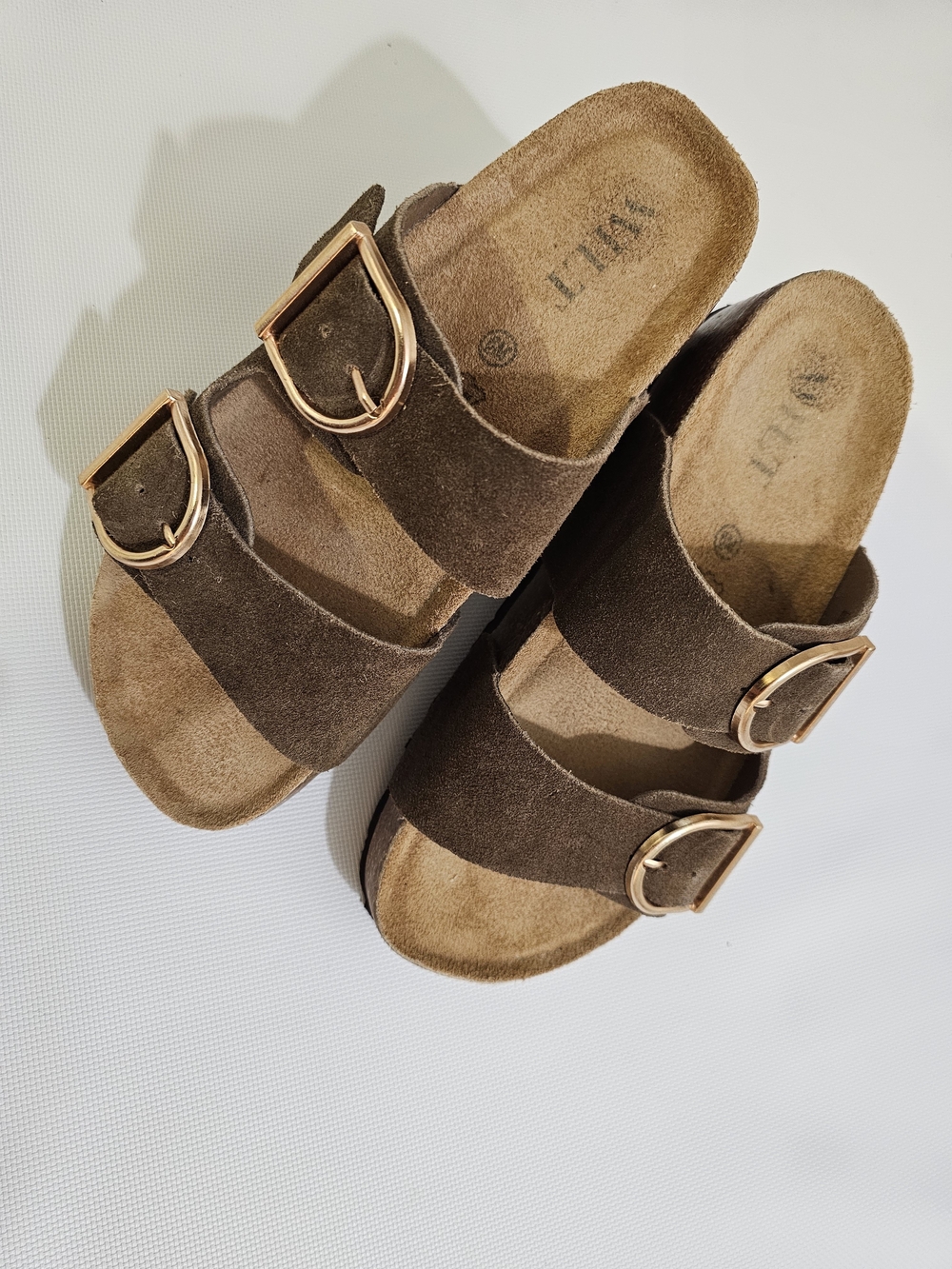 Women's Double-Buckle Suede Slide Sandals - Brown